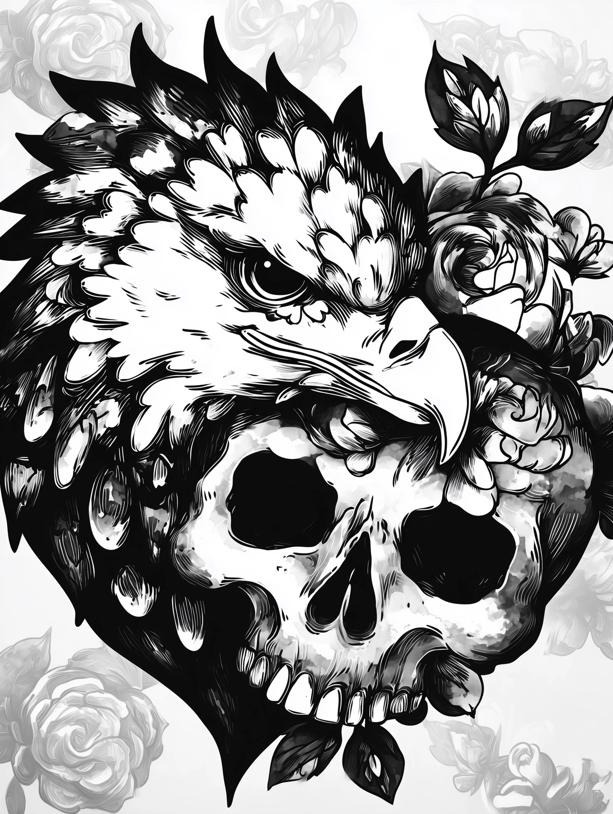 Free printable eagle coloring page for adults featuring an eagle nuzzling a skull